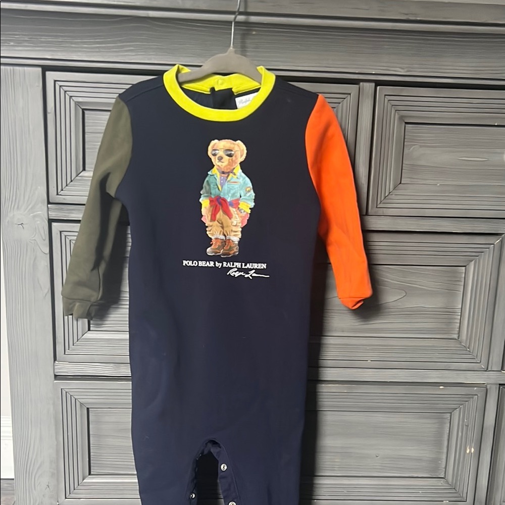 Ralph Lauren Navy Romper with Polo Bear and Colorful Sleeves